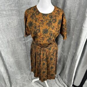 Vintage Synari 80s Women's Bown Floral Paisley Set Top M Skirt L Brown Floral